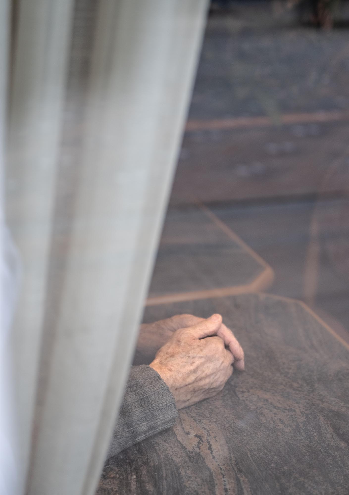 Die zusammengefalteten Hände der Katze auf einem Tisch. Der Körper wird durch einen Vorhang verschleiert.